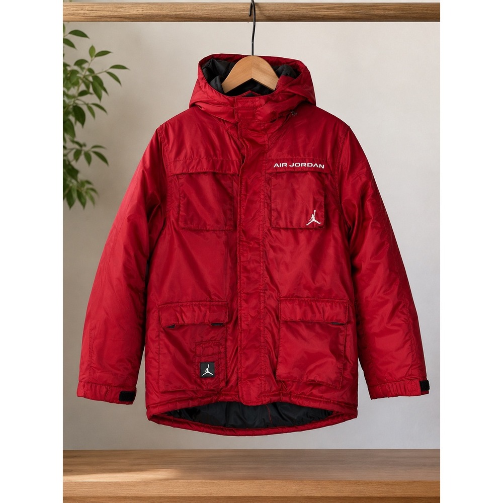 Air Jordan Mens Red Hooded Parka Jacket Puffer Coat Large Jumpman Logo Graphic